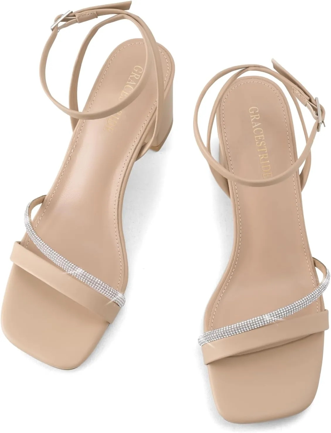Rhinestone Strappy Heels for Women Square Toe Chunky Block Heels Ankle Buckle Heeled Sandals
