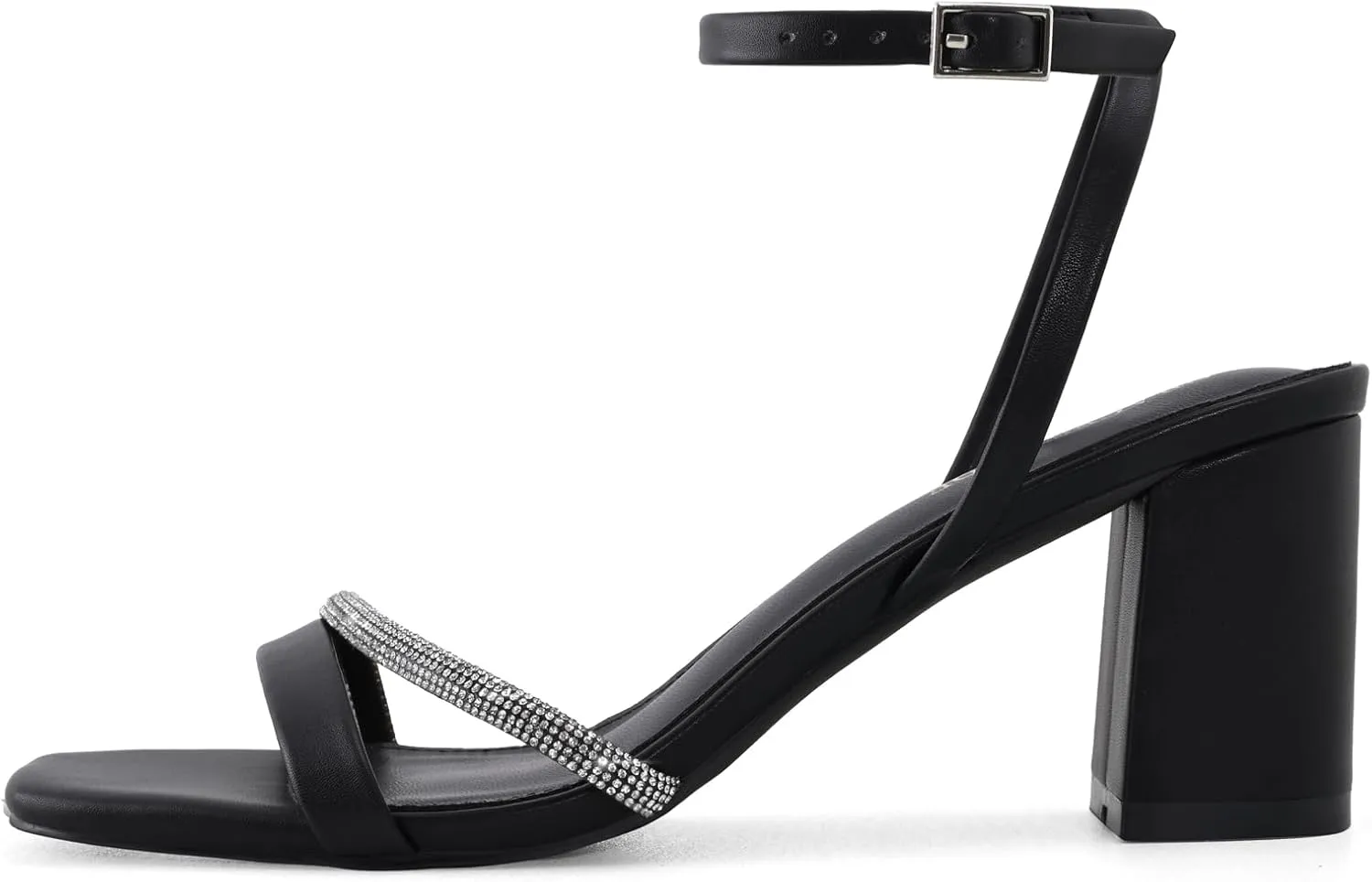Rhinestone Strappy Heels for Women Square Toe Chunky Block Heels Ankle Buckle Heeled Sandals