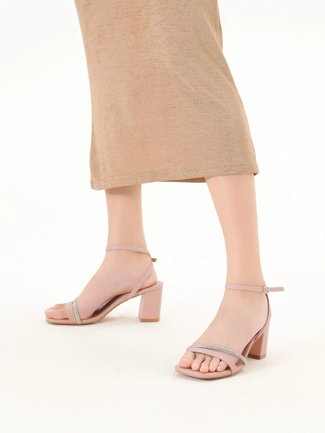 Rhinestone Strappy Heels for Women Square Toe Chunky Block Heels Ankle Buckle Heeled Sandals