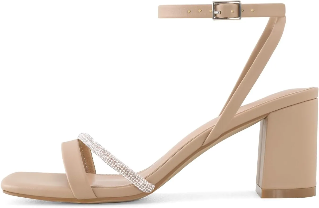 Rhinestone Strappy Heels for Women Square Toe Chunky Block Heels Ankle Buckle Heeled Sandals