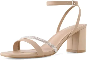 Rhinestone Strappy Heels for Women Square Toe Chunky Block Heels Ankle Buckle Heeled Sandals