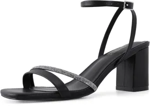 Rhinestone Strappy Heels for Women Square Toe Chunky Block Heels Ankle Buckle Heeled Sandals