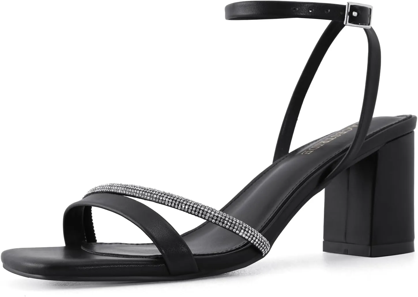 Rhinestone Strappy Heels for Women Square Toe Chunky Block Heels Ankle Buckle Heeled Sandals