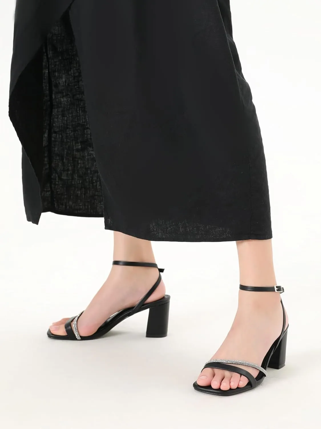 Rhinestone Strappy Heels for Women Square Toe Chunky Block Heels Ankle Buckle Heeled Sandals