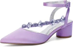 Rhinestones Satin Strappy Wedding Shoes Pointed Toe Block Low Heel Bridal Shoes Women Party Sandals 4.5CM Closed Toe Ankle Strap Pumps for Prom,Light purple,10