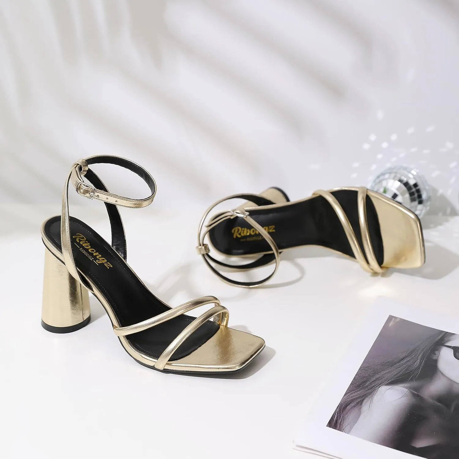 RIBONGZ Block Heels Prom Heeled Sandals for Women Chunky Square Open Toe Strappy High Heels Ankle Strap Wedding Bridal Shoes High Heel Sandals for Party Dress