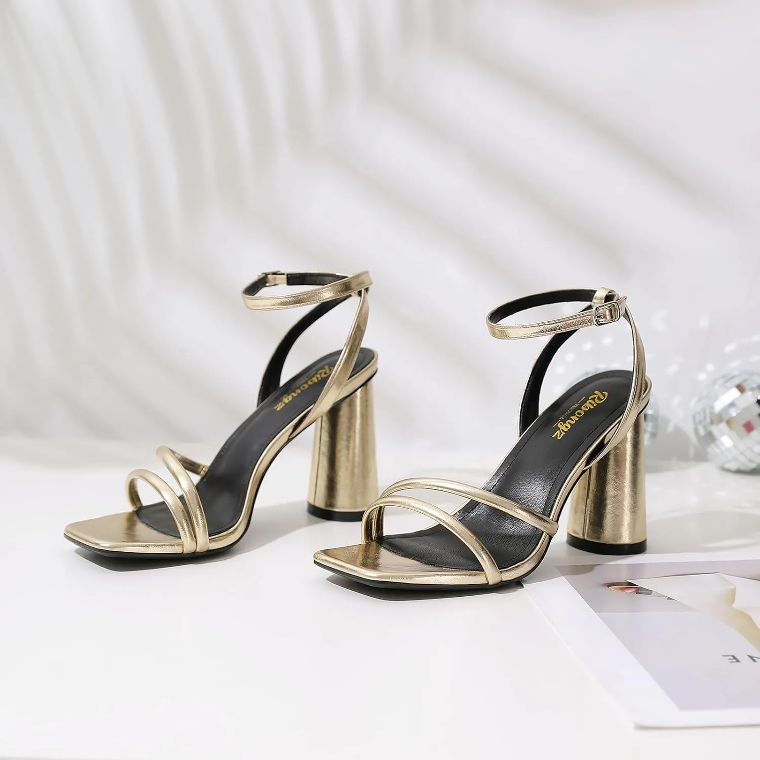 RIBONGZ Block Heels Prom Heeled Sandals for Women Chunky Square Open Toe Strappy High Heels Ankle Strap Wedding Bridal Shoes High Heel Sandals for Party Dress