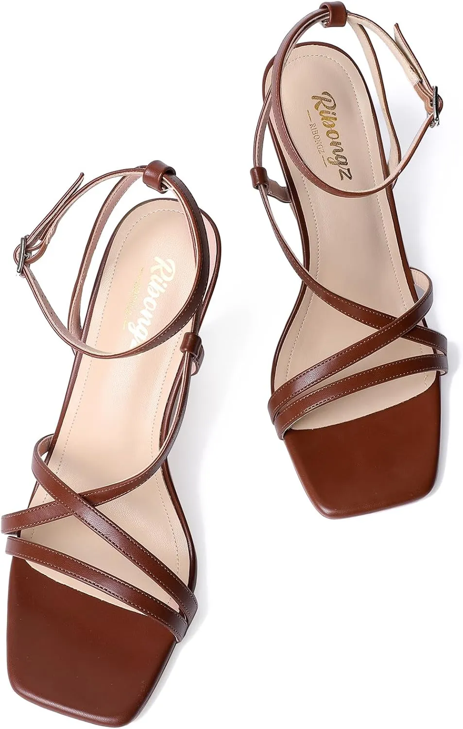 RIBONGZ Strappy Stiletto Kitten Heels Ankle Strap Sexy Heeled Sandals for Women Square Open Toe High Heels Wedding Bride Party Prom Dress Shoes