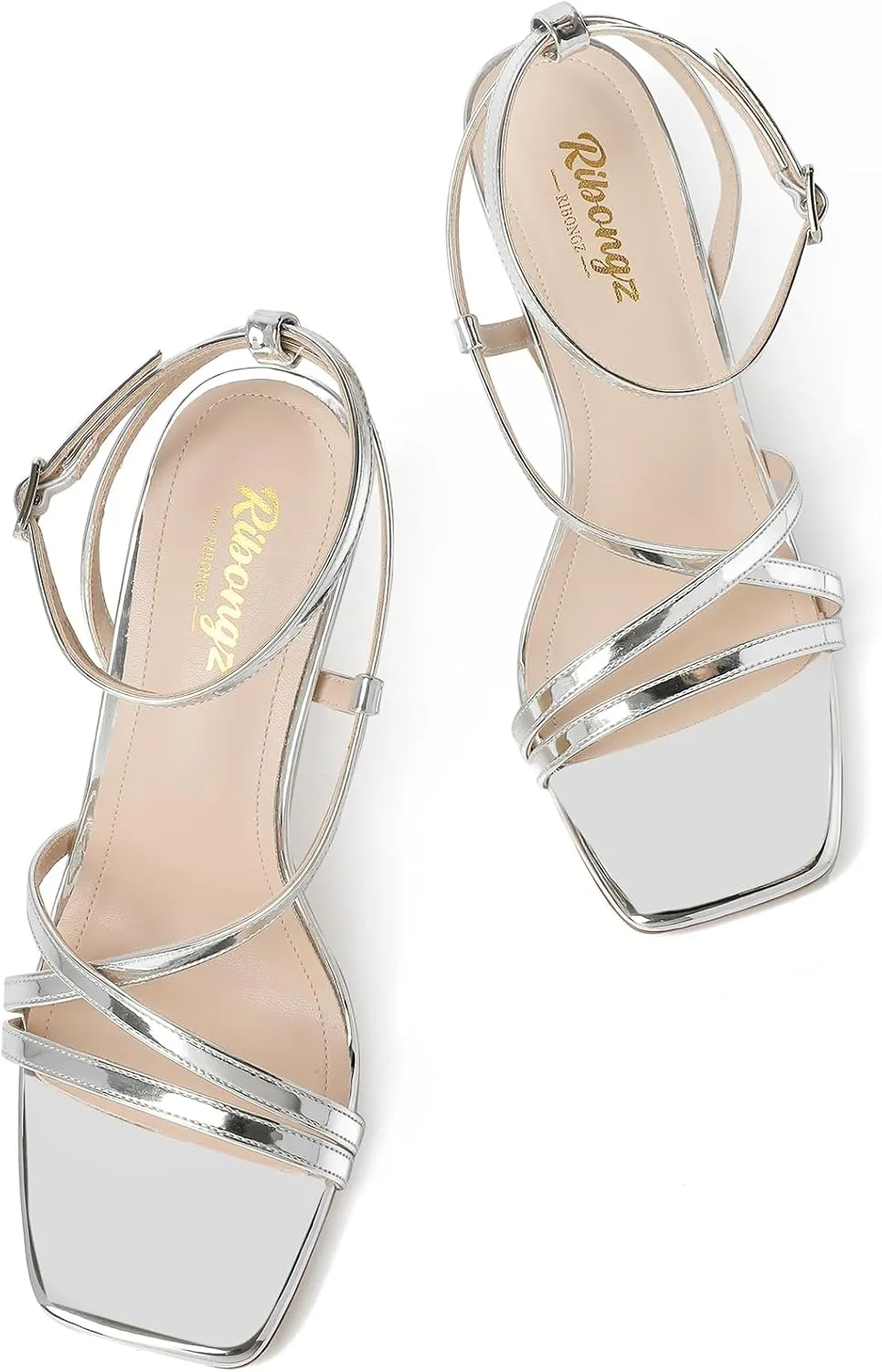 RIBONGZ Strappy Stiletto Kitten Heels Ankle Strap Sexy Heeled Sandals for Women Square Open Toe High Heels Wedding Bride Party Prom Dress Shoes