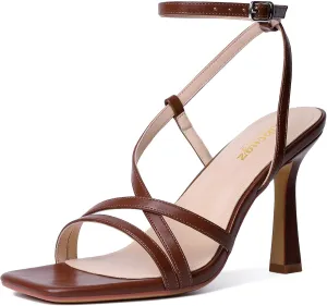 RIBONGZ Strappy Stiletto Kitten Heels Ankle Strap Sexy Heeled Sandals for Women Square Open Toe High Heels Wedding Bride Party Prom Dress Shoes