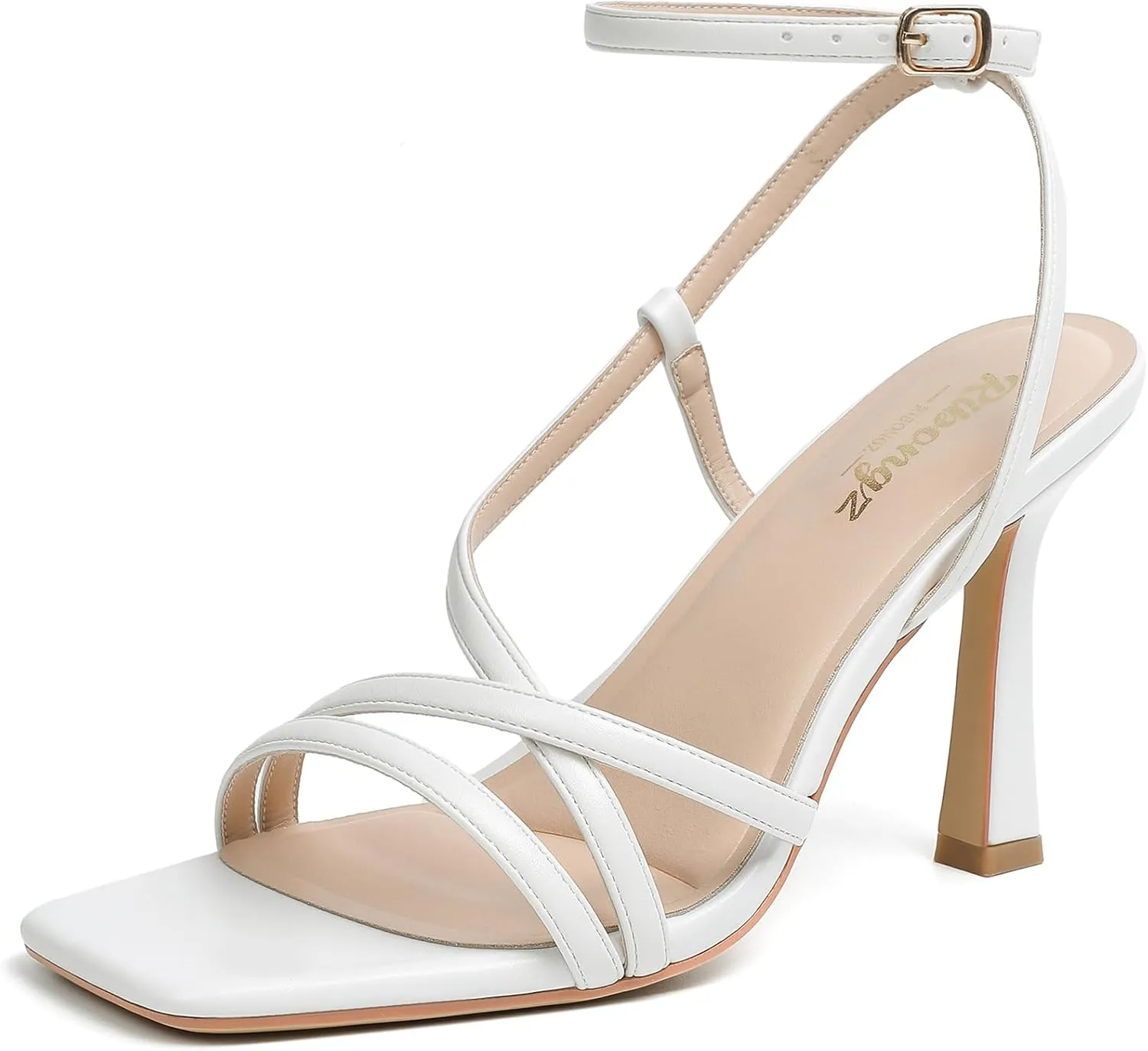 RIBONGZ Strappy Stiletto Kitten Heels Ankle Strap Sexy Heeled Sandals for Women Square Open Toe High Heels Wedding Bride Party Prom Dress Shoes