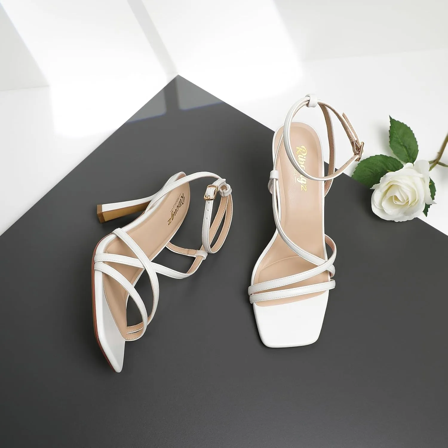 RIBONGZ Strappy Stiletto Kitten Heels Ankle Strap Sexy Heeled Sandals for Women Square Open Toe High Heels Wedding Bride Party Prom Dress Shoes