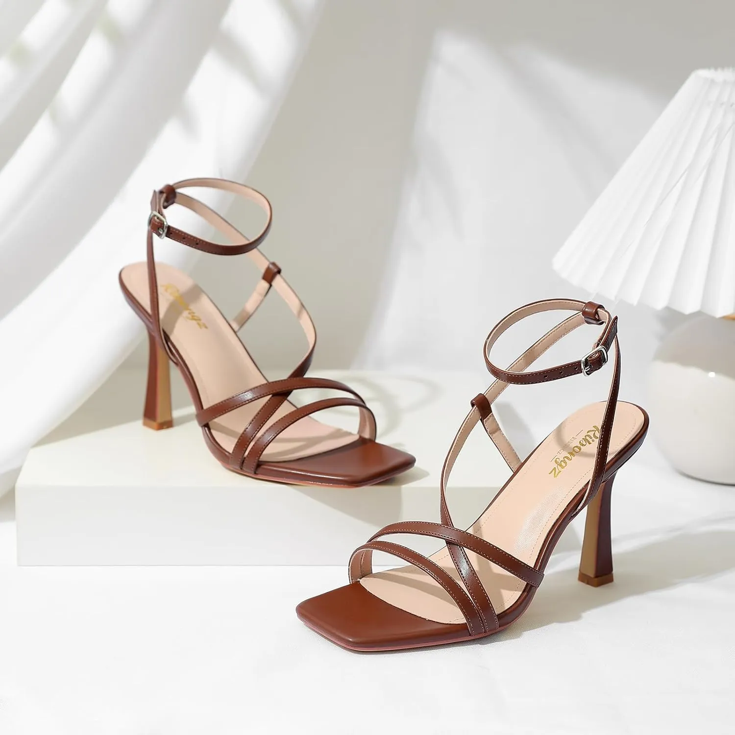 RIBONGZ Strappy Stiletto Kitten Heels Ankle Strap Sexy Heeled Sandals for Women Square Open Toe High Heels Wedding Bride Party Prom Dress Shoes