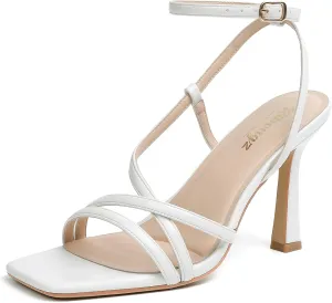 RIBONGZ Strappy Stiletto Kitten Heels Ankle Strap Sexy Heeled Sandals for Women Square Open Toe High Heels Wedding Bride Party Prom Dress Shoes