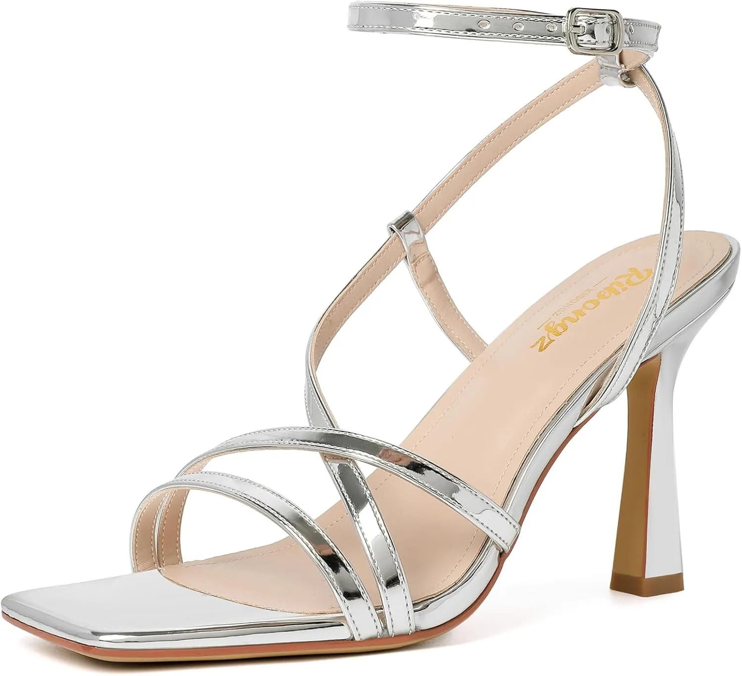 RIBONGZ Strappy Stiletto Kitten Heels Ankle Strap Sexy Heeled Sandals for Women Square Open Toe High Heels Wedding Bride Party Prom Dress Shoes
