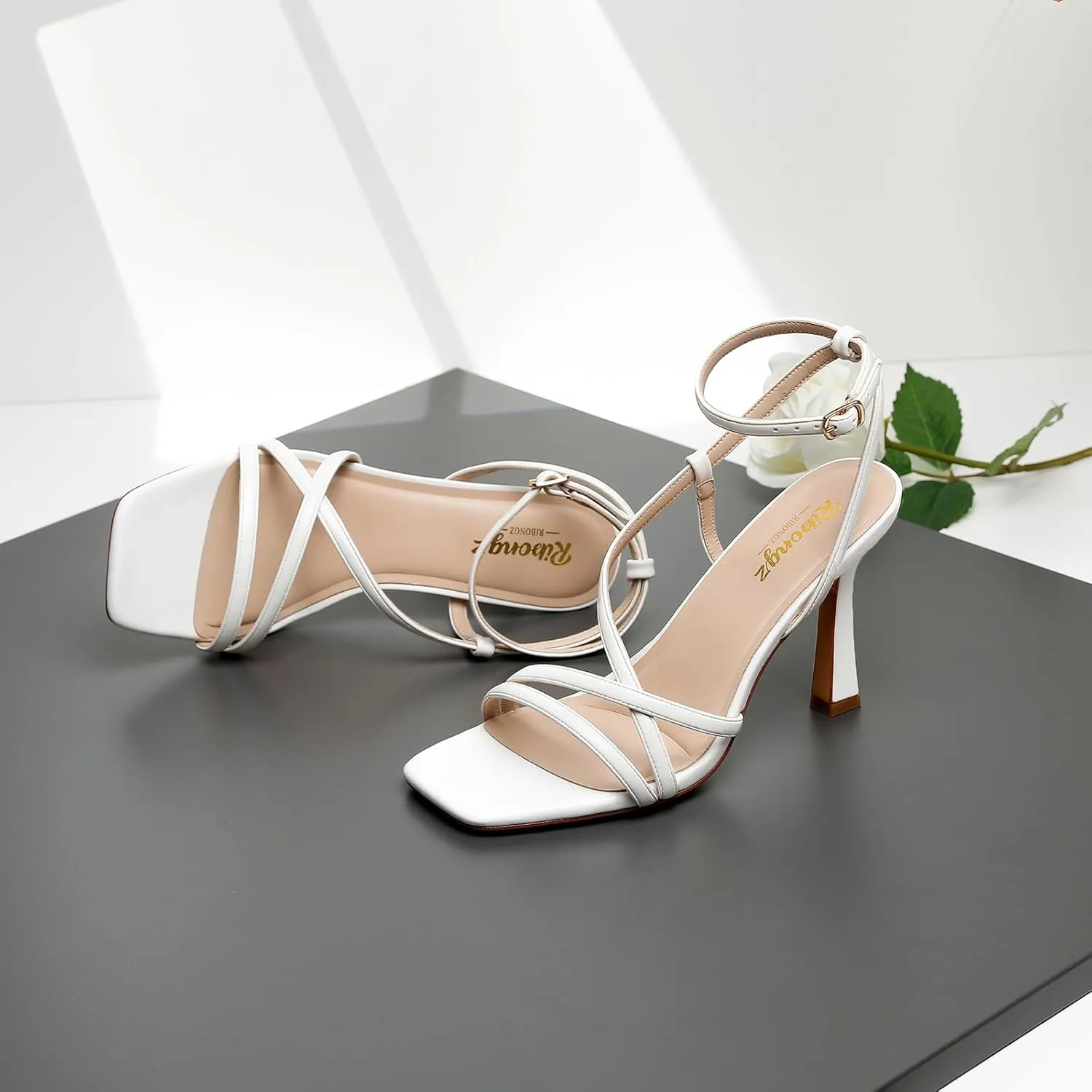 RIBONGZ Strappy Stiletto Kitten Heels Ankle Strap Sexy Heeled Sandals for Women Square Open Toe High Heels Wedding Bride Party Prom Dress Shoes