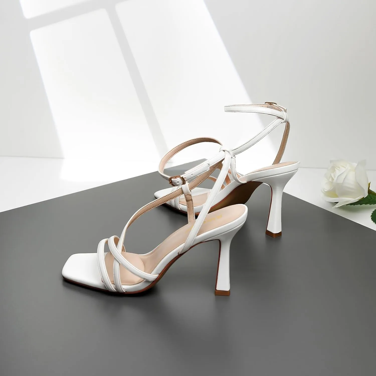 RIBONGZ Strappy Stiletto Kitten Heels Ankle Strap Sexy Heeled Sandals for Women Square Open Toe High Heels Wedding Bride Party Prom Dress Shoes