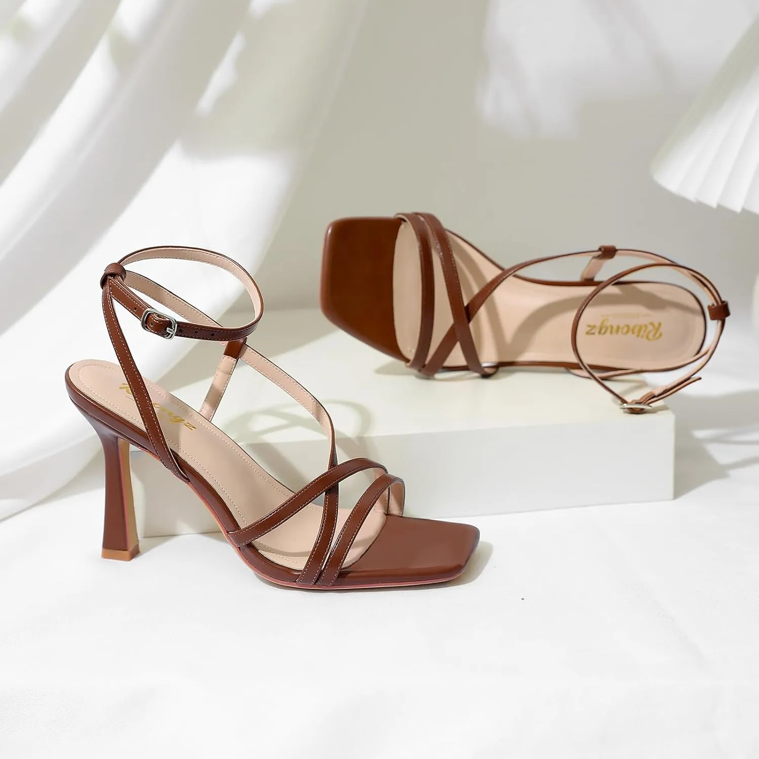 RIBONGZ Strappy Stiletto Kitten Heels Ankle Strap Sexy Heeled Sandals for Women Square Open Toe High Heels Wedding Bride Party Prom Dress Shoes