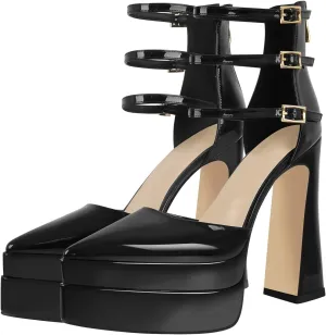 richealnini Chunky Platform Heels for Women Ankle Buckle Strap Pumps Block High Heels Sandals