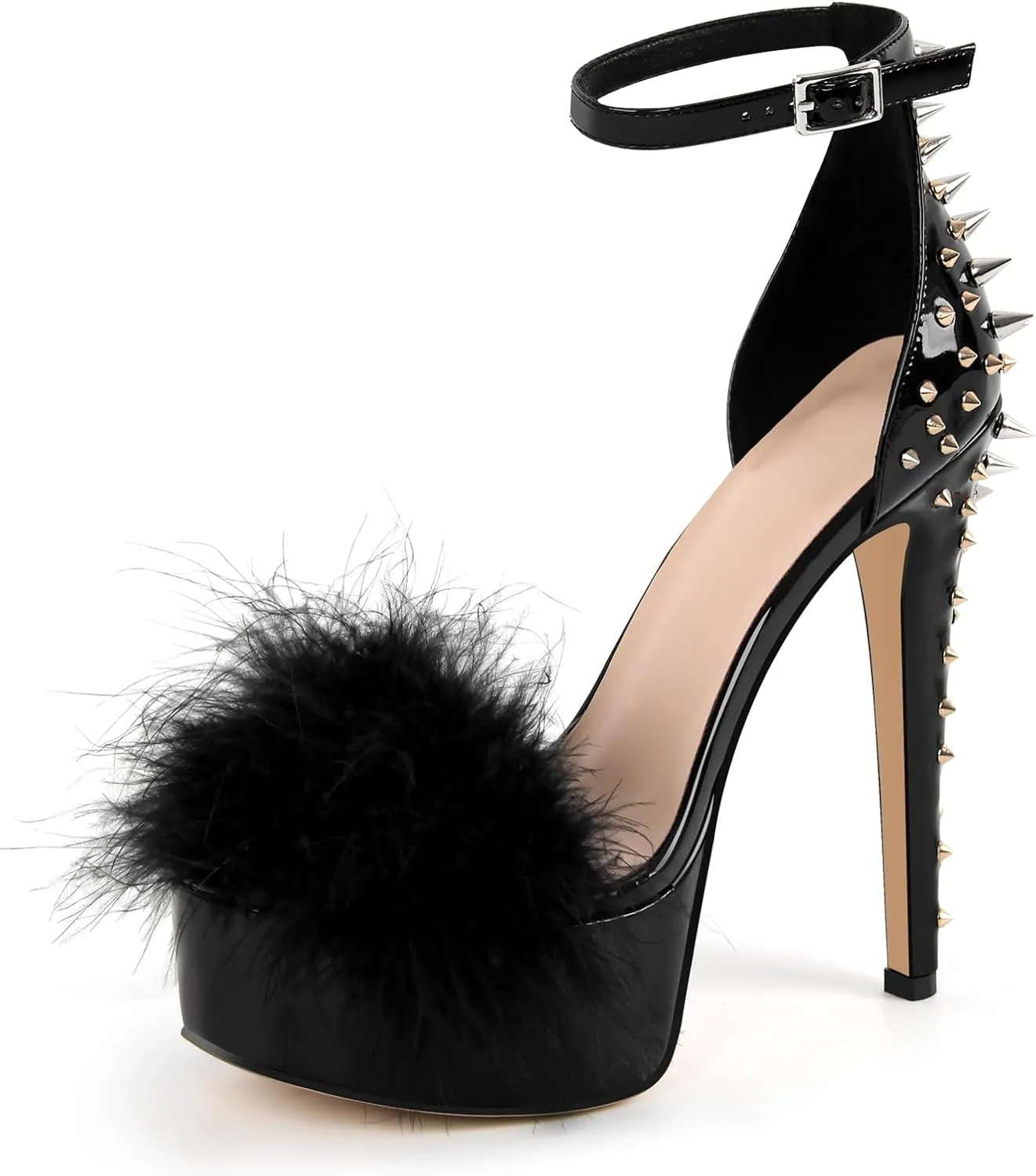 richealnini Studded Rivest Heels for Women Buckle Ankle Strap Platform Furry Sandals Stiletto High Heels