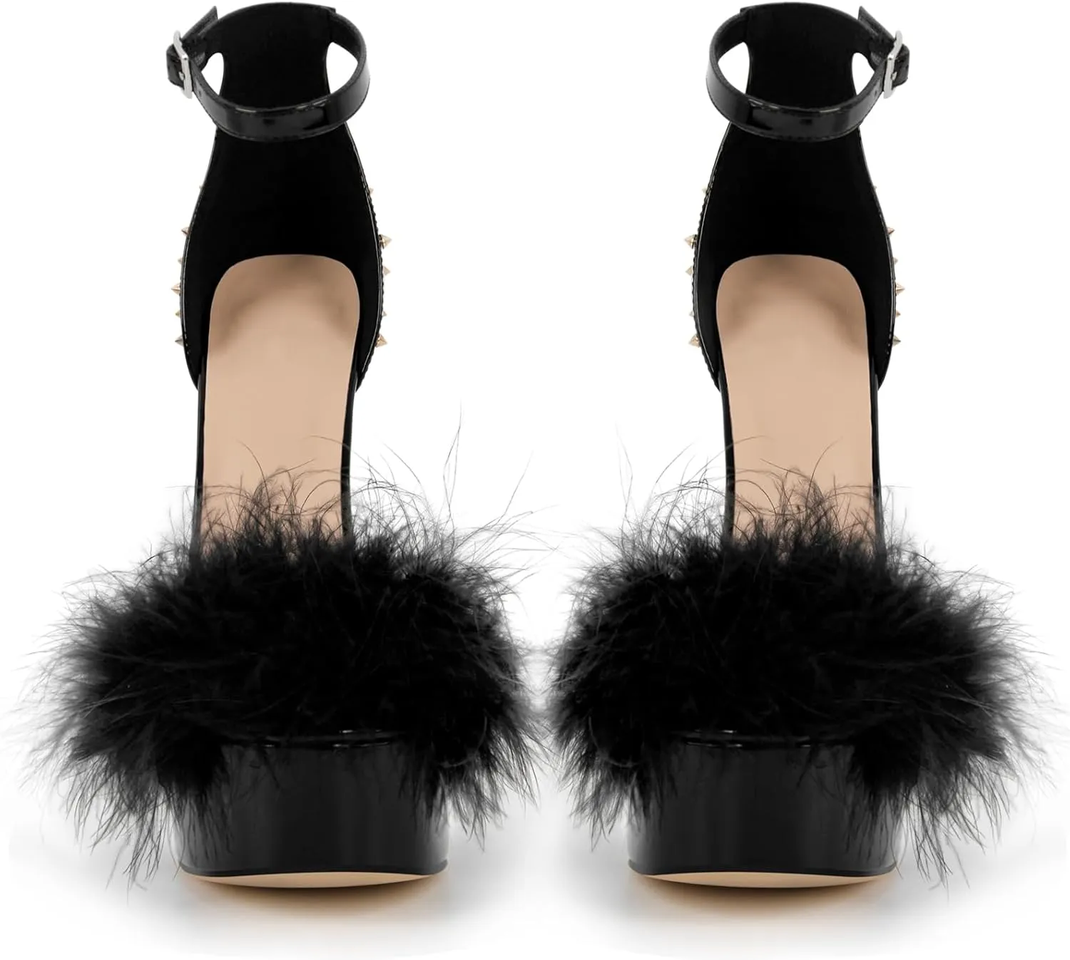 richealnini Studded Rivest Heels for Women Buckle Ankle Strap Platform Furry Sandals Stiletto High Heels