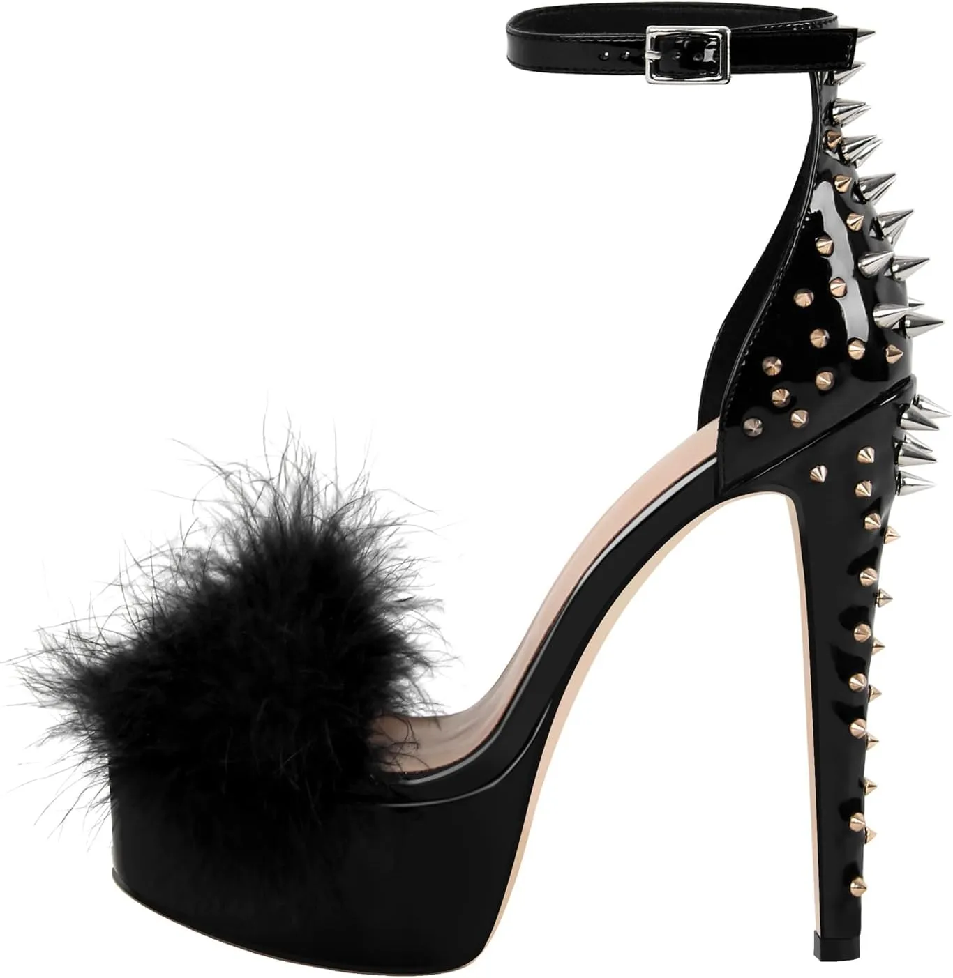 richealnini Studded Rivest Heels for Women Buckle Ankle Strap Platform Furry Sandals Stiletto High Heels