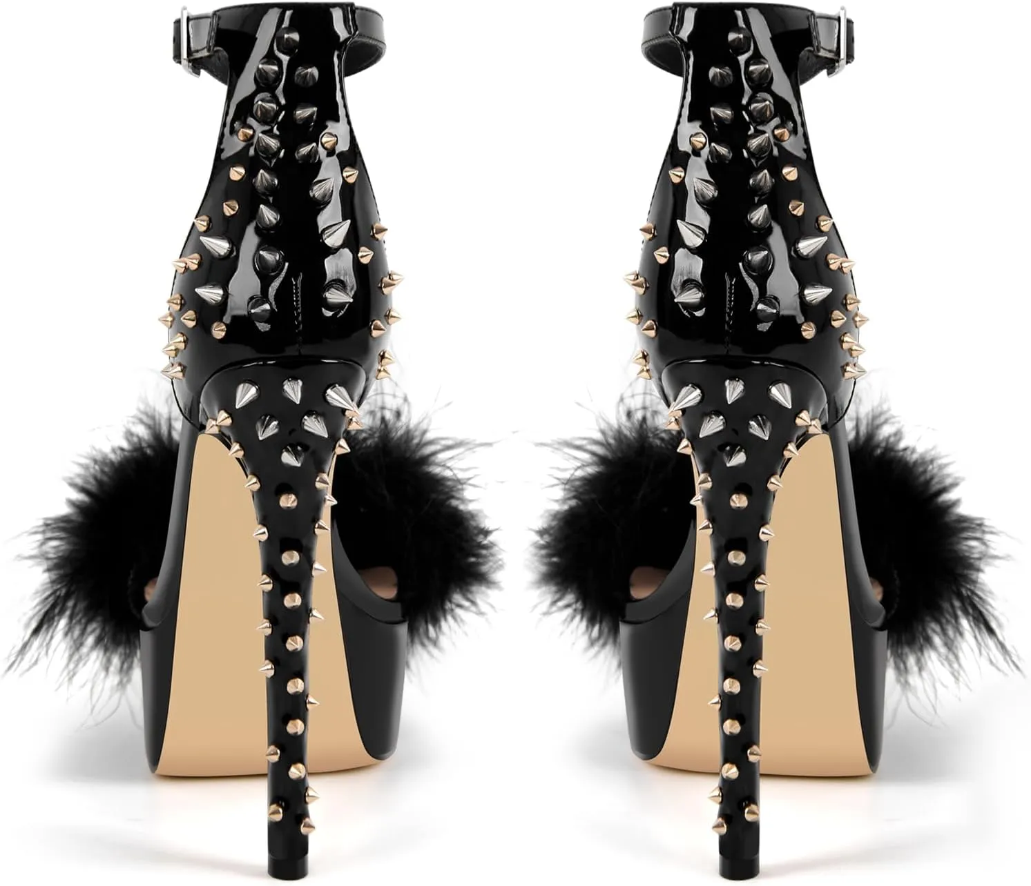 richealnini Studded Rivest Heels for Women Buckle Ankle Strap Platform Furry Sandals Stiletto High Heels