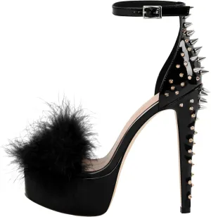 richealnini Studded Rivest Heels for Women Buckle Ankle Strap Platform Furry Sandals Stiletto High Heels