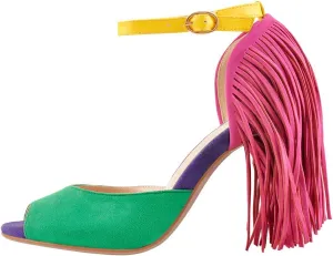 richealnini Women's Fringe Ankle Strap Peep Toe Heeled Sandals Buckle Up Stiletto Heels with Tassels Party Dress Shoes