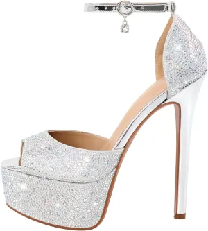 richealnini Women's Platform Sandals with Buckle Rhinestone Diamond Heel Sexy Super High Stiletto Heels
