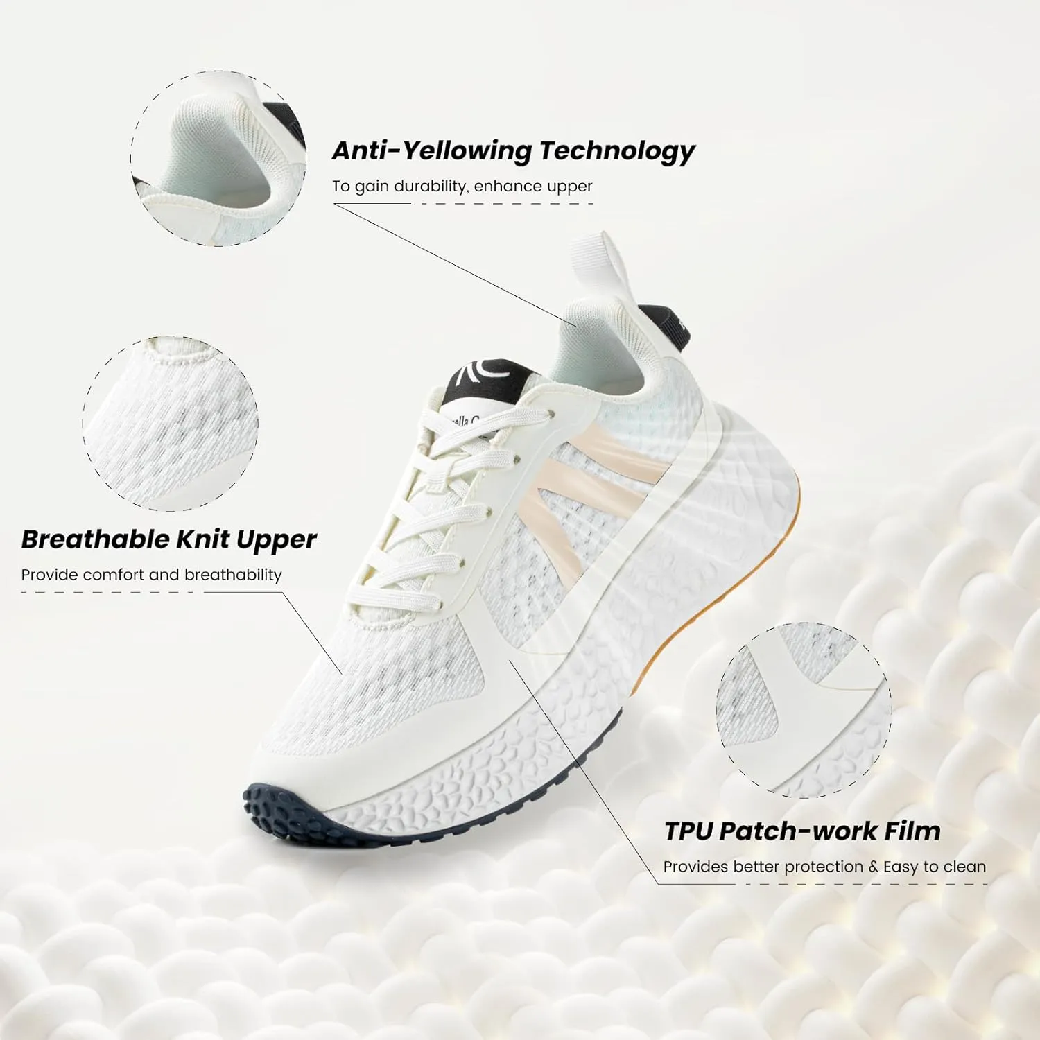 Rosella Carlie White Sneakers for Women - Women's Fashion Sneakers with Honeycomb EVA Midsole - Lightweight Stylish Patchwork Casual Platform Lace Up Tennis Gym Workout Walking Runing Shoes