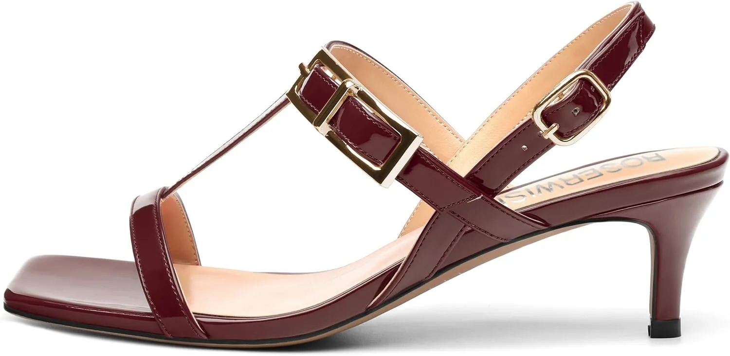 ROSERWISH Women's Low kitten heel Strappy Sandals Open Square Toe Slingback Patent Heels 2 Inch Fashion Comfort Dress Shoes