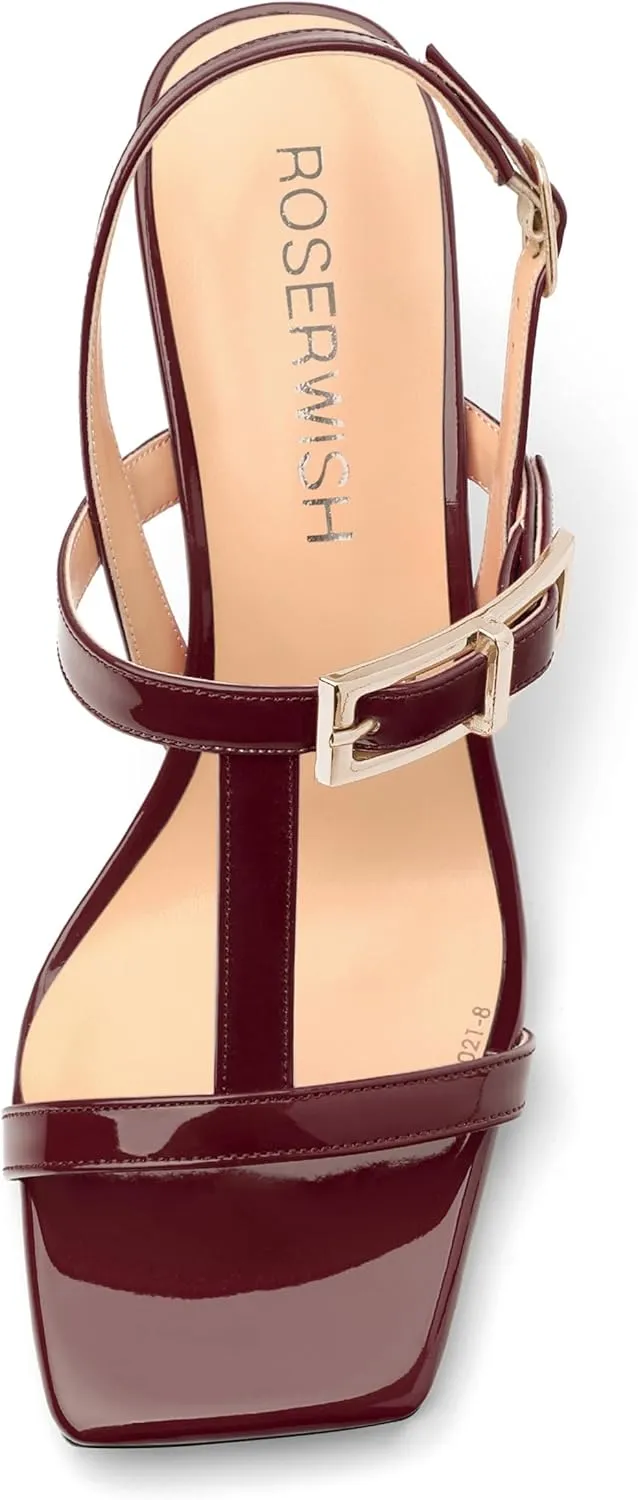 ROSERWISH Women's Low kitten heel Strappy Sandals Open Square Toe Slingback Patent Heels 2 Inch Fashion Comfort Dress Shoes