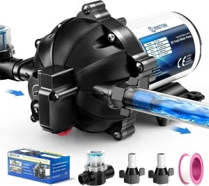 RV Diaphragm Pump 12V DC Pressure Pump 5.5GPM 70PSI Self Priming Fresh Water Pump Upgrade 5-Chamber with Filter and Adapter for RV, Boat Marine, Yacht, Camper
