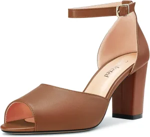 Saekcted Women Chunky Block High Heel Peep Open Toe Sandals Ankle Strap Buckle Party Classic 3.2 Inches Heels