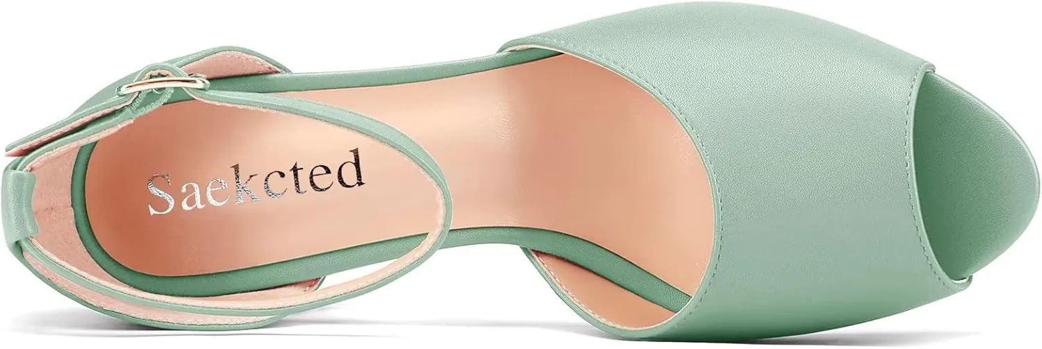 Saekcted Women Chunky Block High Heel Peep Open Toe Sandals Ankle Strap Buckle Party Classic 3.2 Inches Heels
