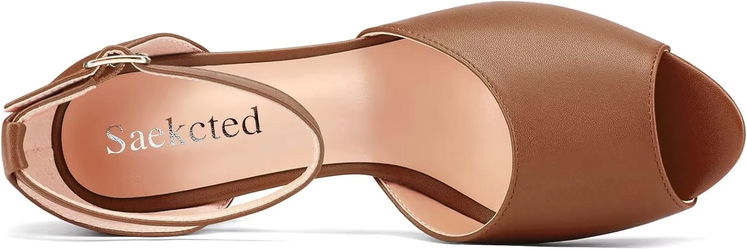 Saekcted Women Chunky Block High Heel Peep Open Toe Sandals Ankle Strap Buckle Party Classic 3.2 Inches Heels