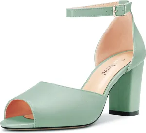 Saekcted Women Chunky Block High Heel Peep Open Toe Sandals Ankle Strap Buckle Party Classic 3.2 Inches Heels