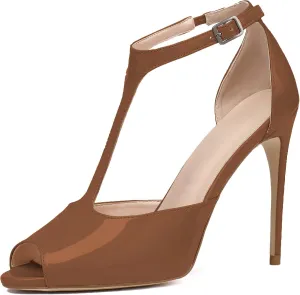SAMMITOP Women's Peep Toe 10CM T-Strap Ankle Buckle High Heel Sandals