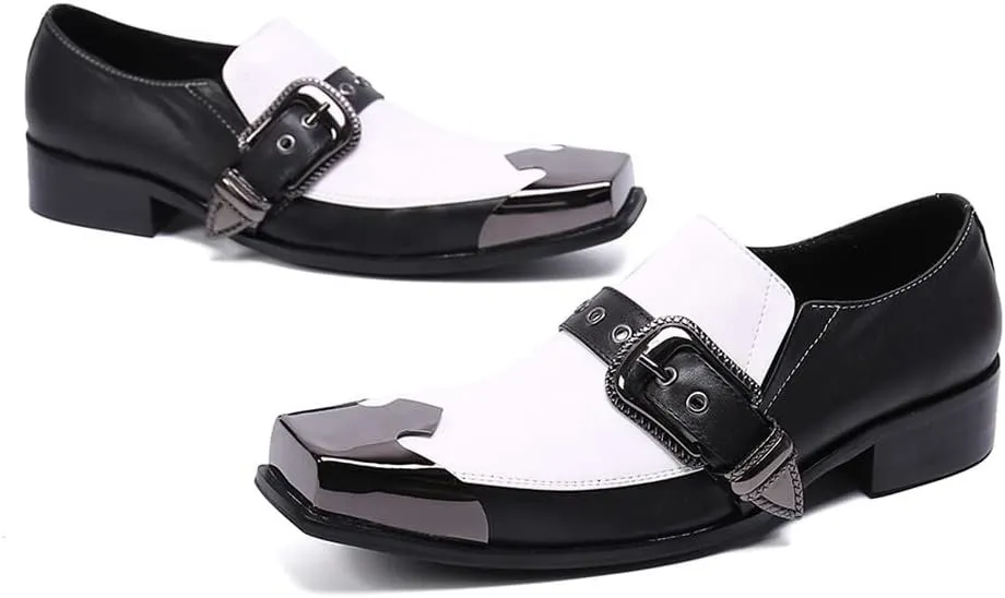 Santimon Mens Casual Slip On Loafers Composite Genuine Leather Dress Buckle Strap Decor Square Toe Classic Venetian Wedding Party Shoes