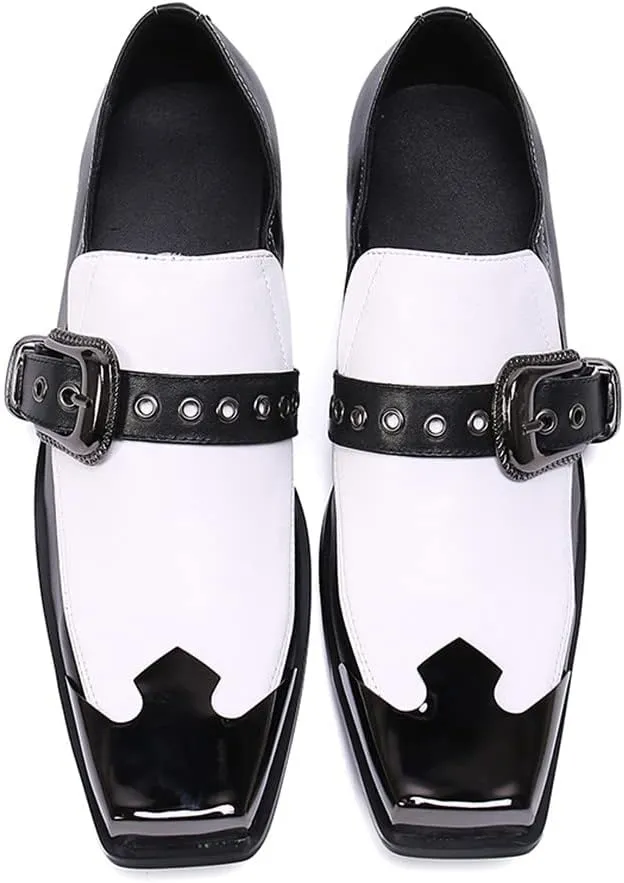 Santimon Mens Casual Slip On Loafers Composite Genuine Leather Dress Buckle Strap Decor Square Toe Classic Venetian Wedding Party Shoes