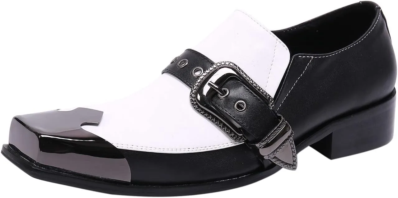 Santimon Mens Casual Slip On Loafers Composite Genuine Leather Dress Buckle Strap Decor Square Toe Classic Venetian Wedding Party Shoes