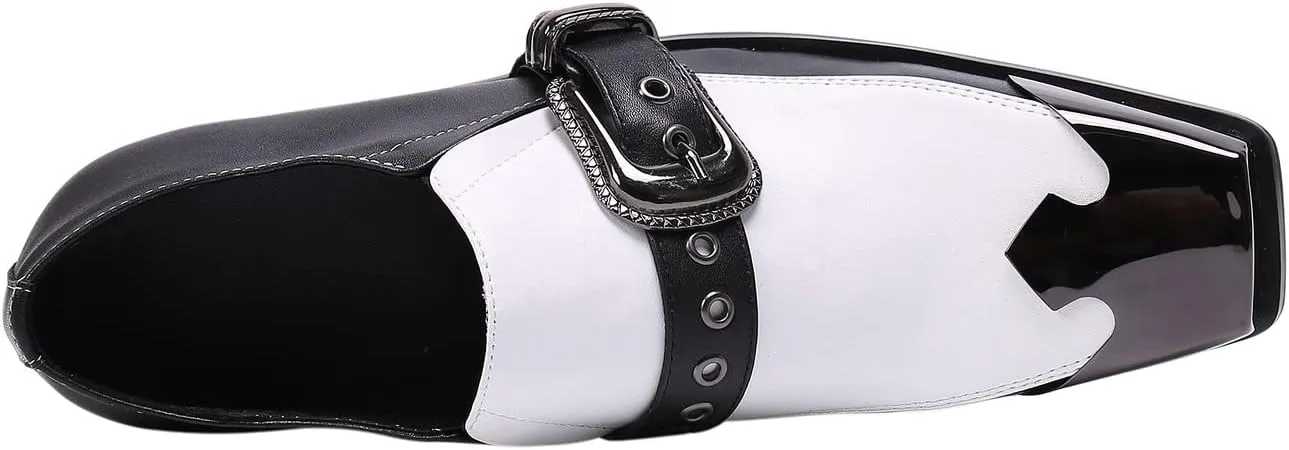 Santimon Mens Casual Slip On Loafers Composite Genuine Leather Dress Buckle Strap Decor Square Toe Classic Venetian Wedding Party Shoes