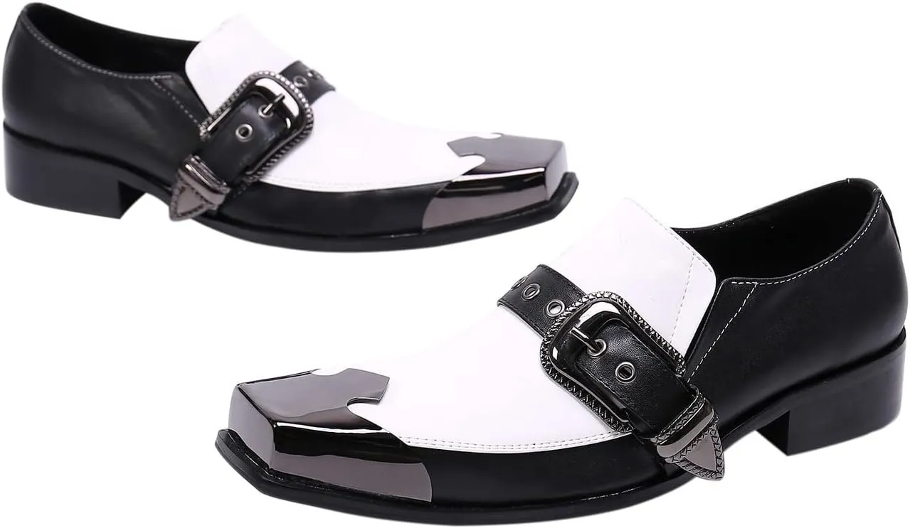 Santimon Mens Casual Slip On Loafers Composite Genuine Leather Dress Buckle Strap Decor Square Toe Classic Venetian Wedding Party Shoes