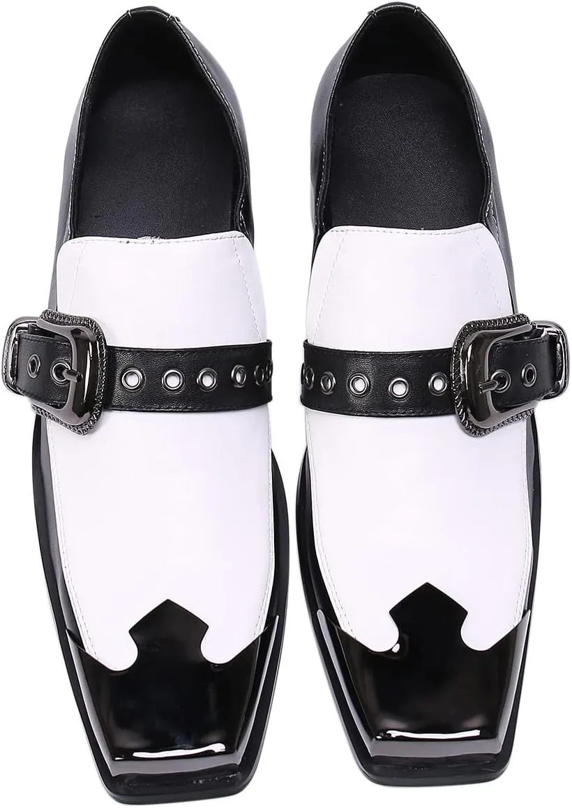 Santimon Mens Casual Slip On Loafers Composite Genuine Leather Dress Buckle Strap Decor Square Toe Classic Venetian Wedding Party Shoes