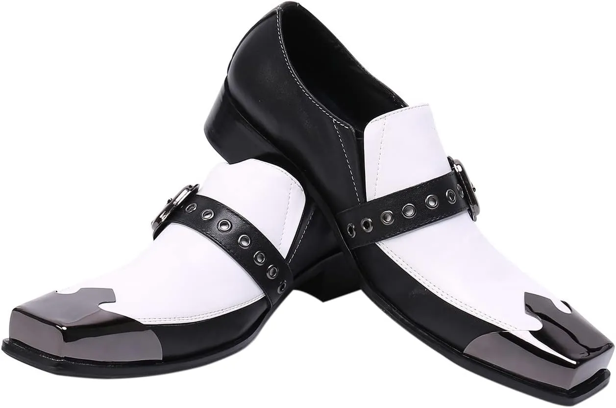 Santimon Mens Casual Slip On Loafers Composite Genuine Leather Dress Buckle Strap Decor Square Toe Classic Venetian Wedding Party Shoes