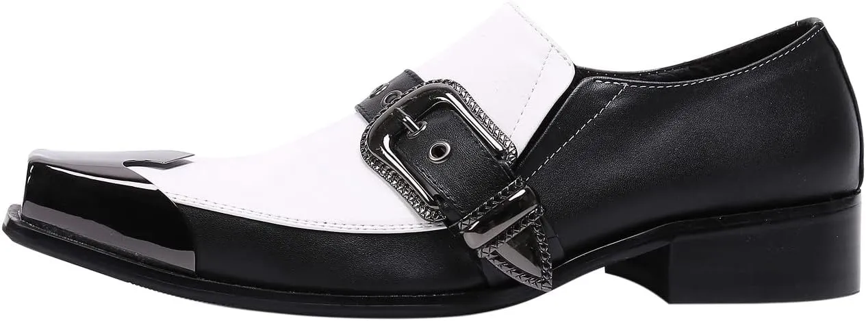 Santimon Mens Casual Slip On Loafers Composite Genuine Leather Dress Buckle Strap Decor Square Toe Classic Venetian Wedding Party Shoes