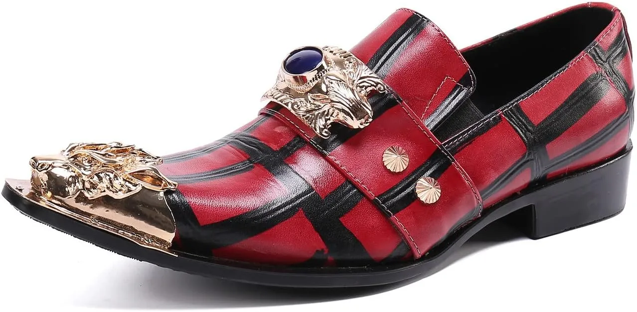 Santimon Men's Formal Dress Loafers Beaded Wedding Genuine Leather Unique Slip On Classic Smoking Shoes for Men