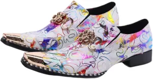 Santimon Mens Genuine Leather Dress Loafers Formal Business Snaffle Floral Bit Comfortable Metallic Cap Slip On Party Shoes