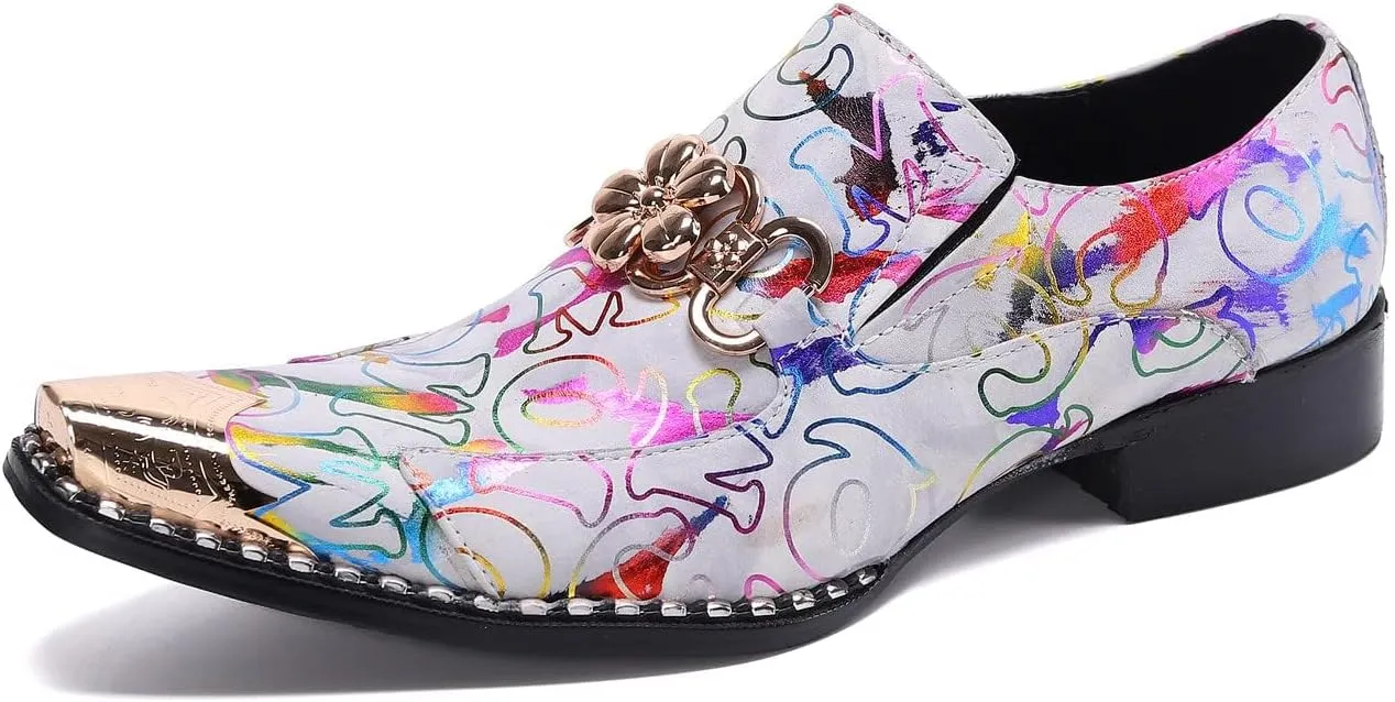 Santimon Mens Genuine Leather Dress Loafers Formal Business Snaffle Floral Bit Comfortable Metallic Cap Slip On Party Shoes